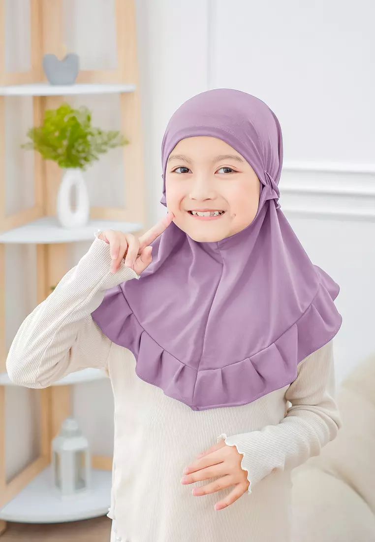 Cotton Bee - Ziva Ruffle Instan | Hijab Instan Anak | Kerudung Jilbab Bergo Tali Anak - Purple Hebe - M