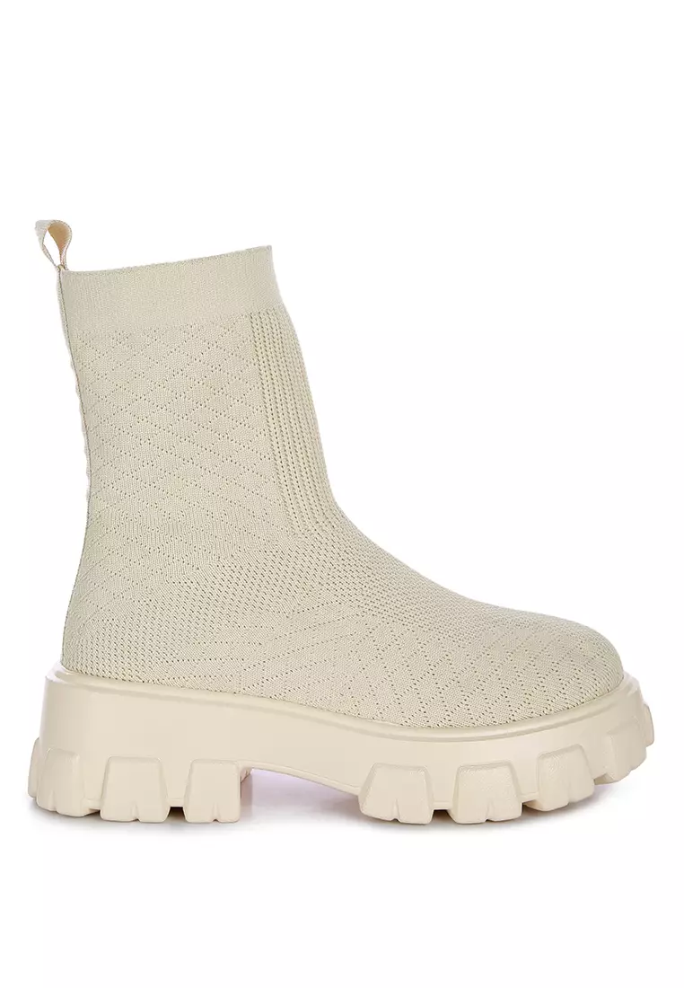 Beige Stretch Knit Ankle Boots