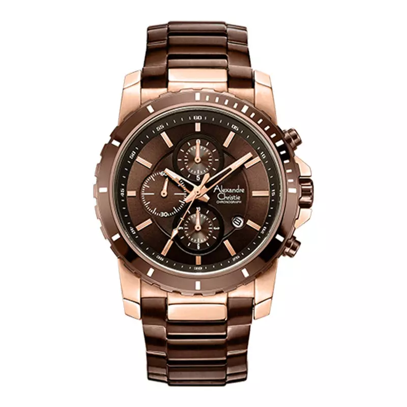 Jam Tangan Pria Alexandre Christie Chronograph AC 6141 MC BROBO Men Brown Dial Brown Stainless Steel Strap