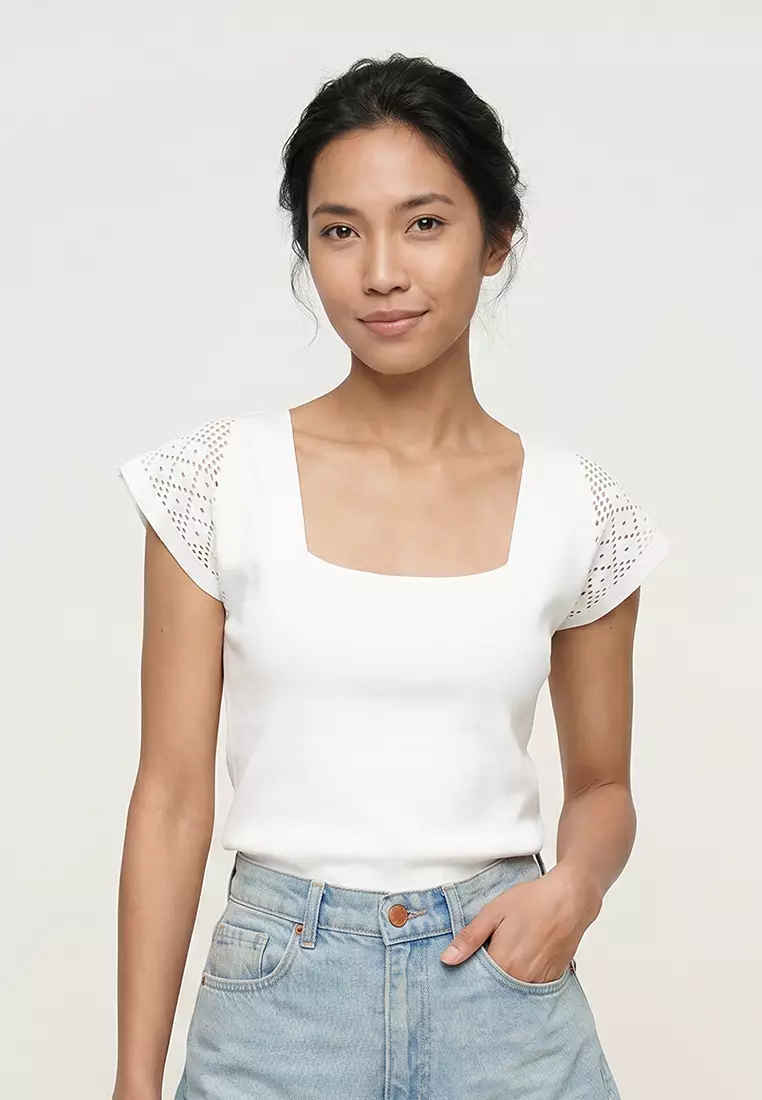 Women's White Square Neck Openwork Summer Knitwear Blouse
