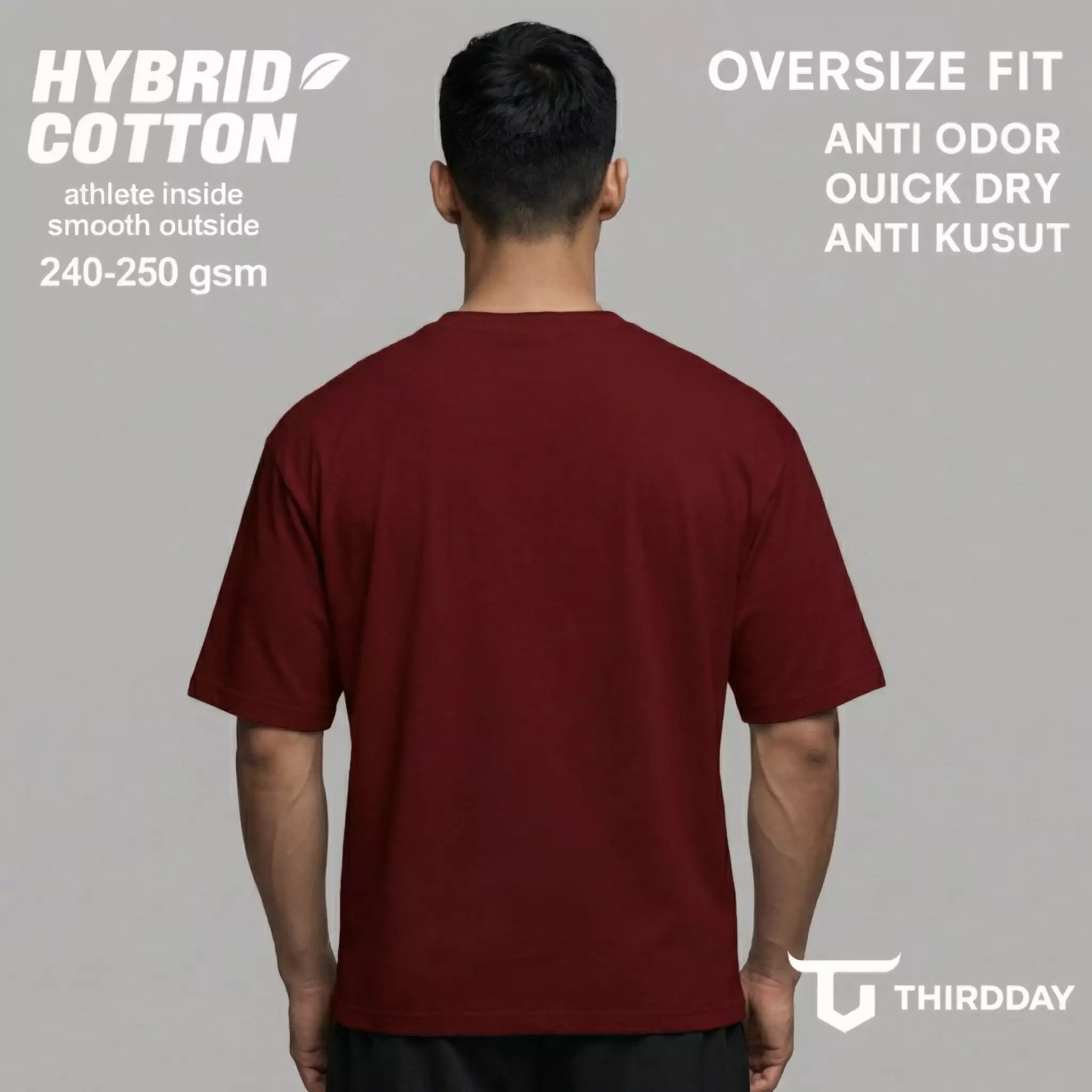 THIRDDAY Kaos Oversize Gym Hybrid Cotton Pria Premium | Kaos Gym & Casual Adem Anti Bau, 240 gsm Tebal, Clean Look Activewear Eksklusif | Hustle Maroon MTZ75