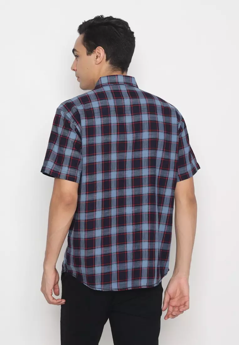 POLICE Kemeja Kotak Twill Navy Merah Regular Fit Pria