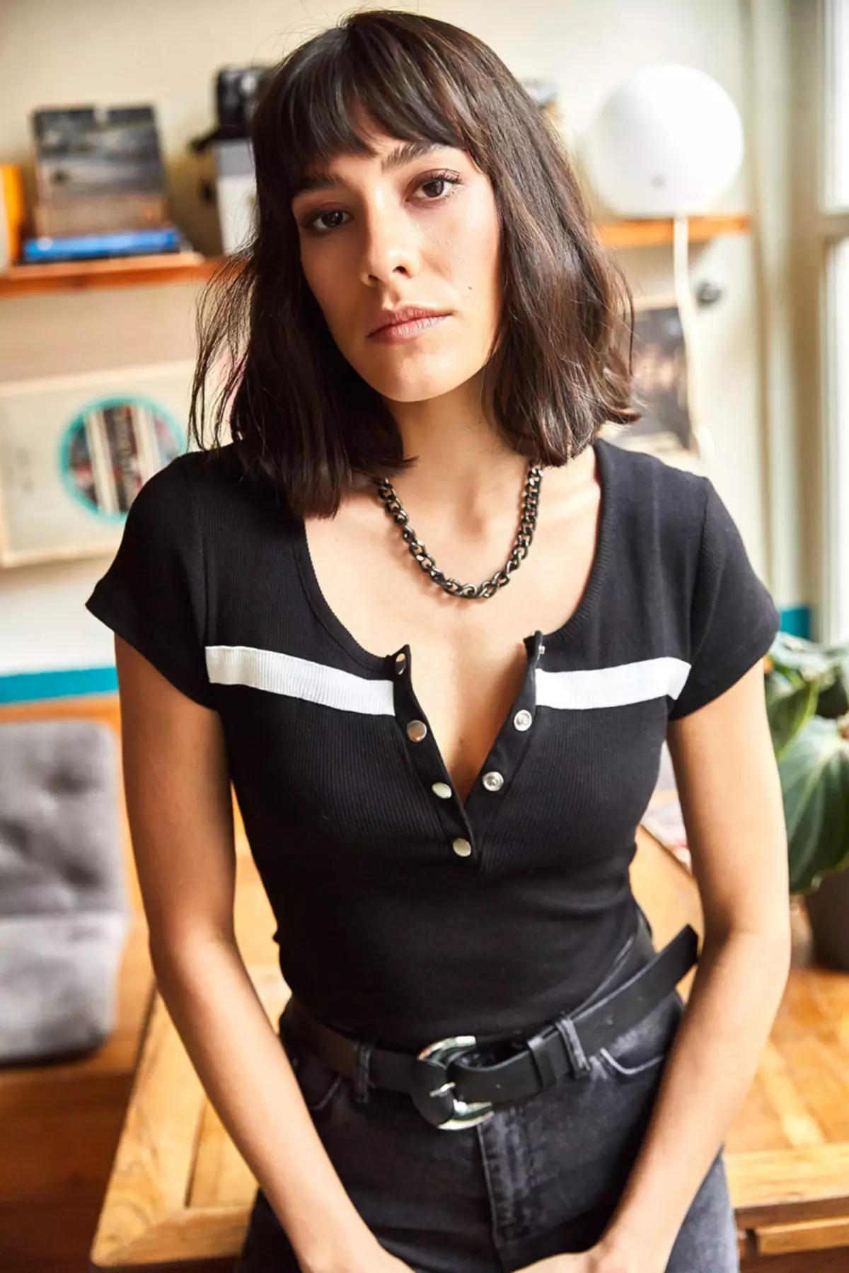 Women's Black-White Snap-On Camisole Blouse Blz-19000171