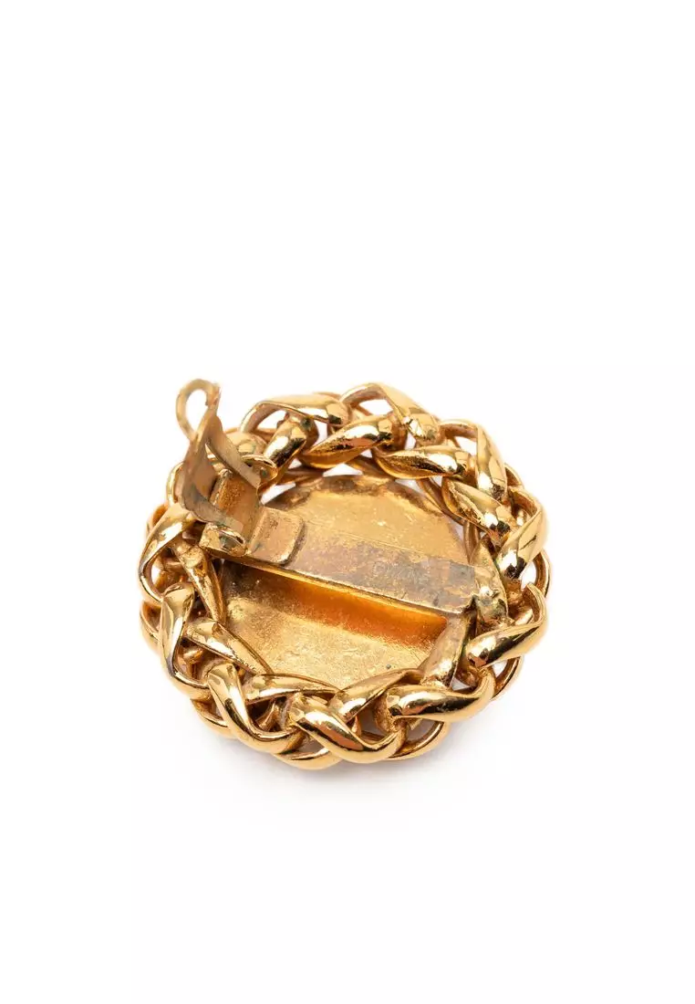Pre-Loved Chanel Cc Gold Plated Wheat Medallion Clip On Earrings