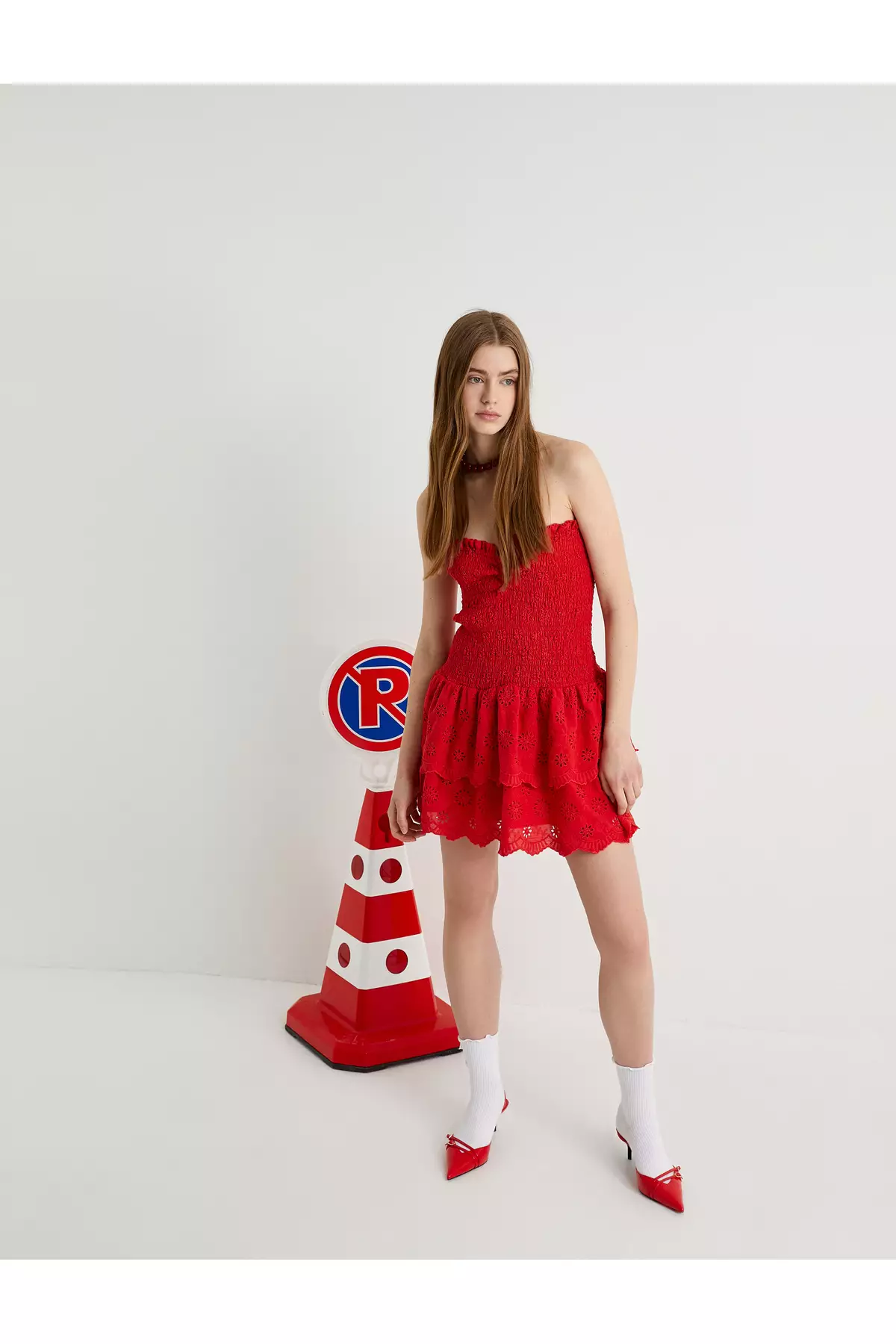 波浪邊露肩迷你連身裙 桃心領