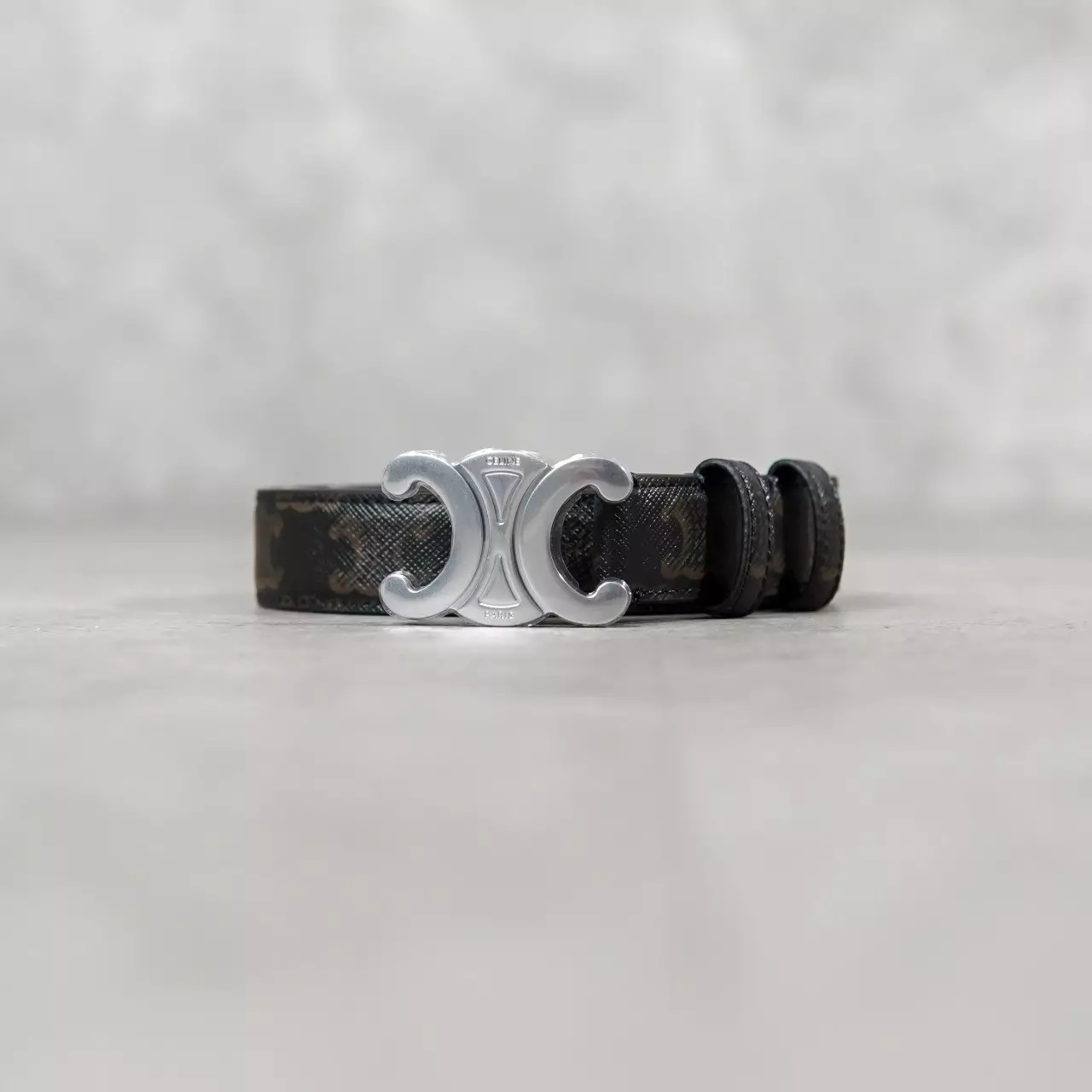 Ikat Pinggang CELINE TRIOMPHE MONOGRAM BROWN SHW 25MM BLACK BELT 100% ORIGINAL