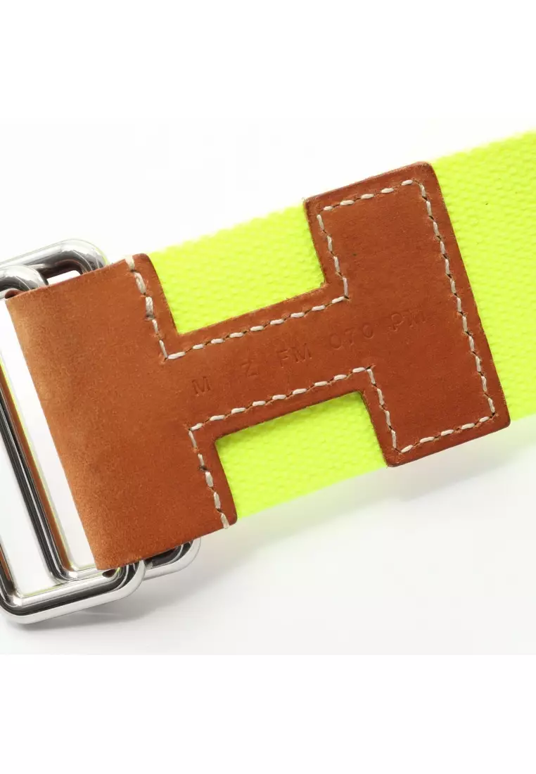 Pre-Loved Hermès Nomad 40 belt canvas leather yellow-green Brown silver hardware Neon color Z stamp