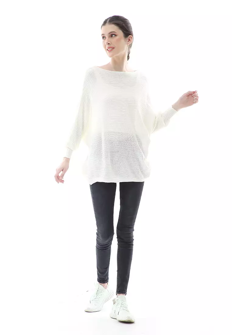 Eveline Sweater Rajut Batwing Atasan Wanita Motif Polos High Quality - Putih