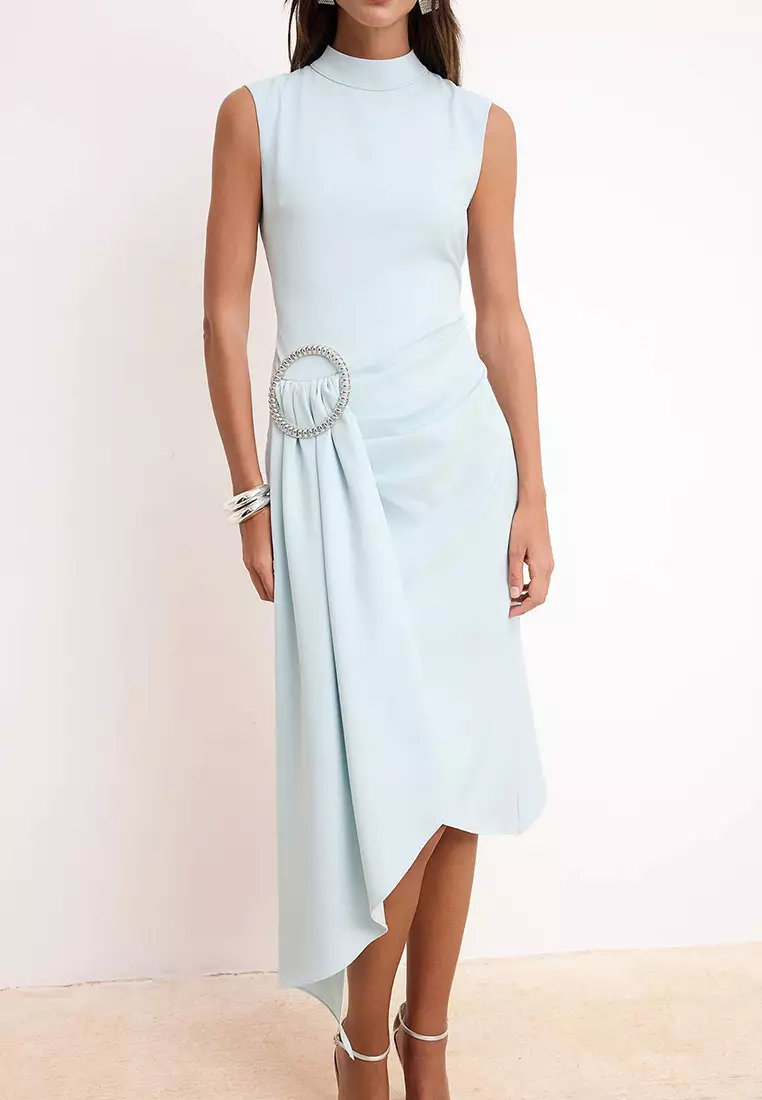Light Blue Accessory Detailed Woven Finike Midi Dress Tprss26El66