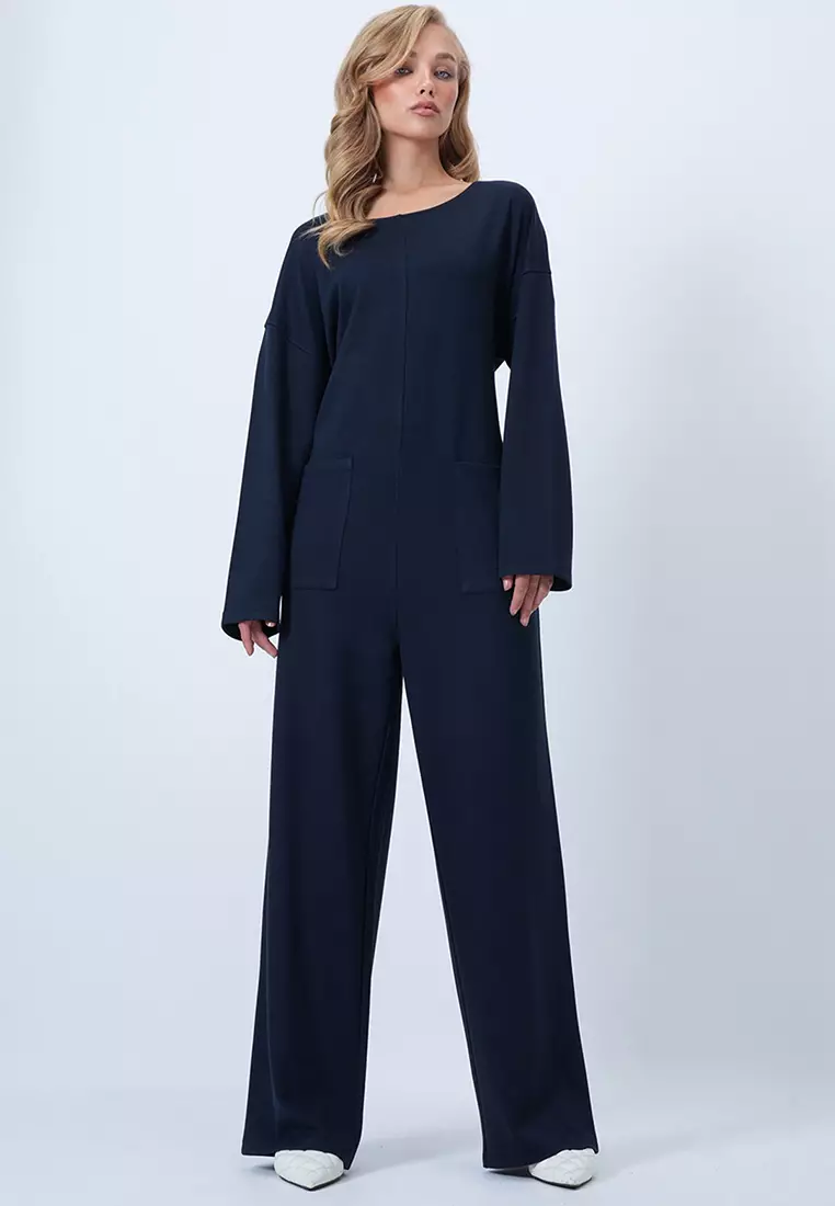 Crew Neck Back Zippered Relaxed Cut Jumpsuit