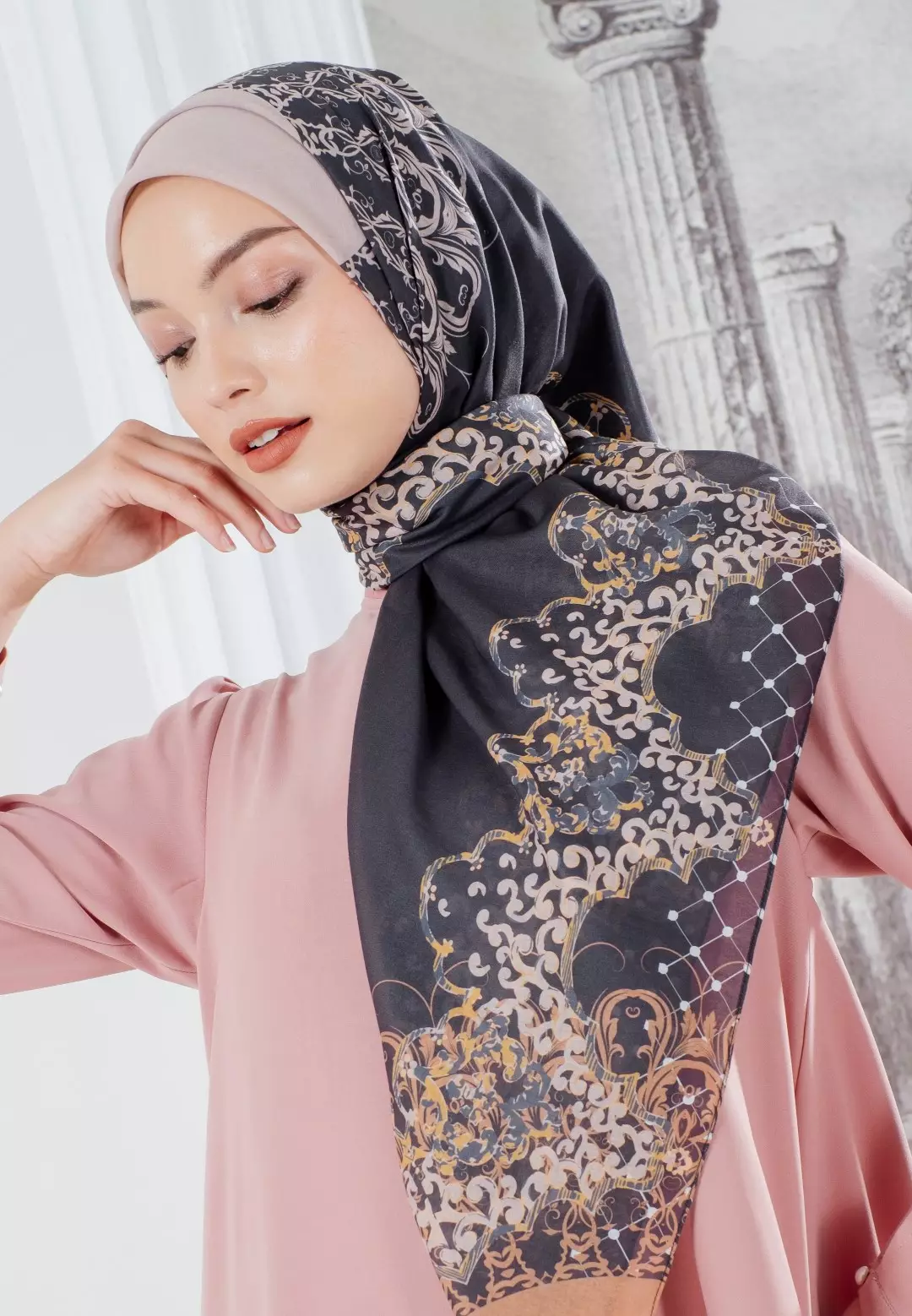 FUGY Scarf Black - Kerudung Hijab Segiempat Motif With BOX - Bahan Voal Premium - Ukuran 115x115