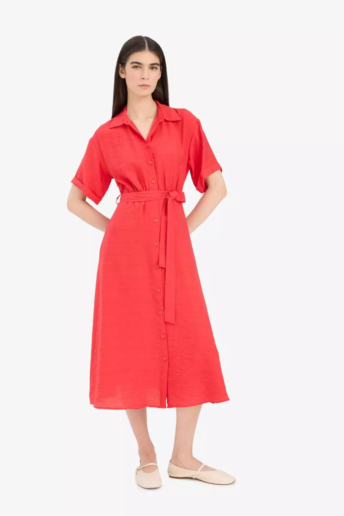 Shirt Collar Belted Short Sleeve Red Midi Summer Dress F2113Ax25Sm