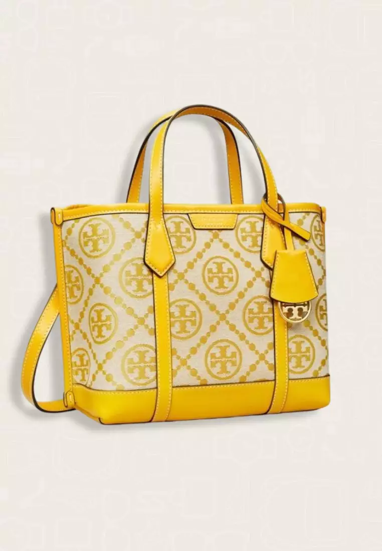 Tory Burch Perry T Monogram Small Triple-Compartment Tote Goldfinch