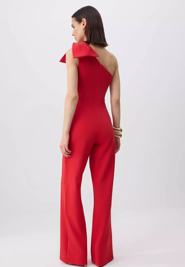 Red Plain Asymmetric Collar Sleeveless Bow Woven Finike Stylish/Night Jumpsuit