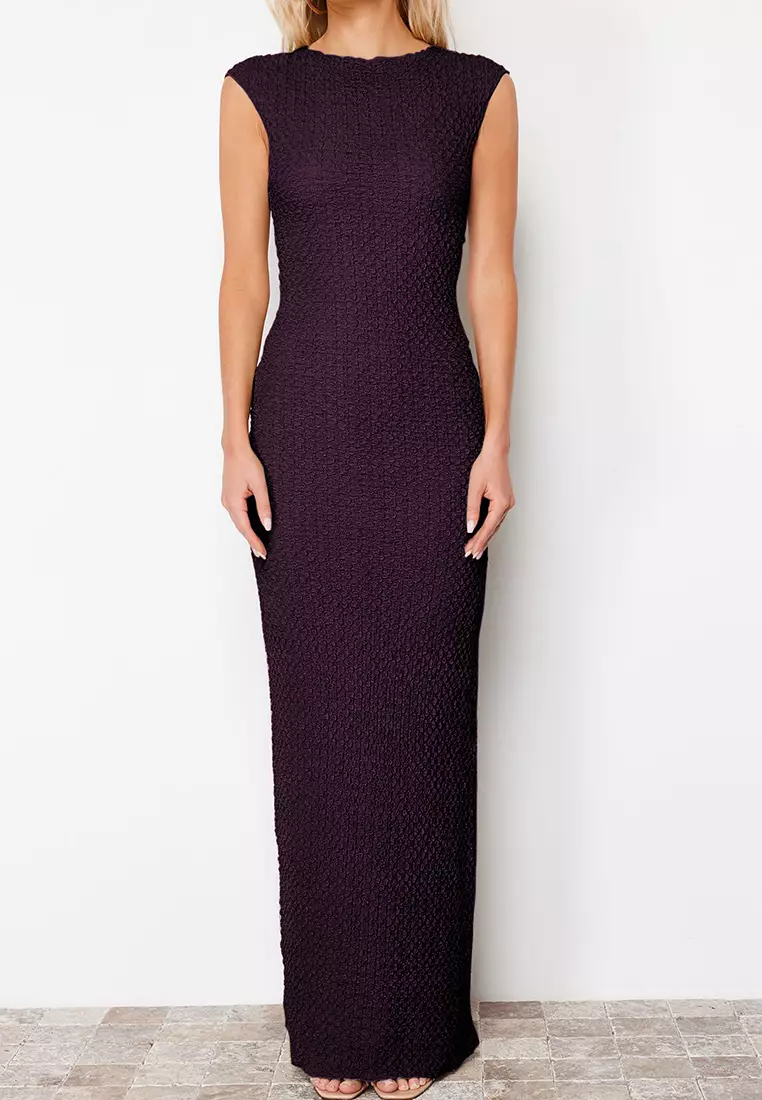 Plum Textured Fabric Fitted Moon Sleeve Flexible Knitted Midi Pencil Dress