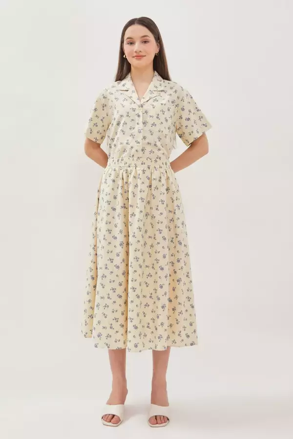 MINIMAL - Olivia - Rok Midi Motif Bunga - Beige Warna Beige