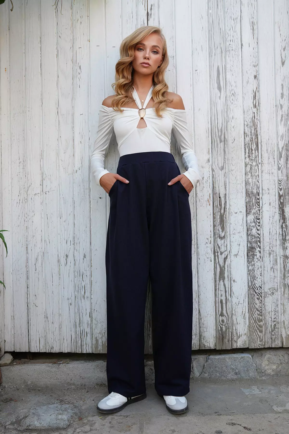 Women's Dark Navy Pleated Detailed Knitted Palazzo Trousers Alc-X14535