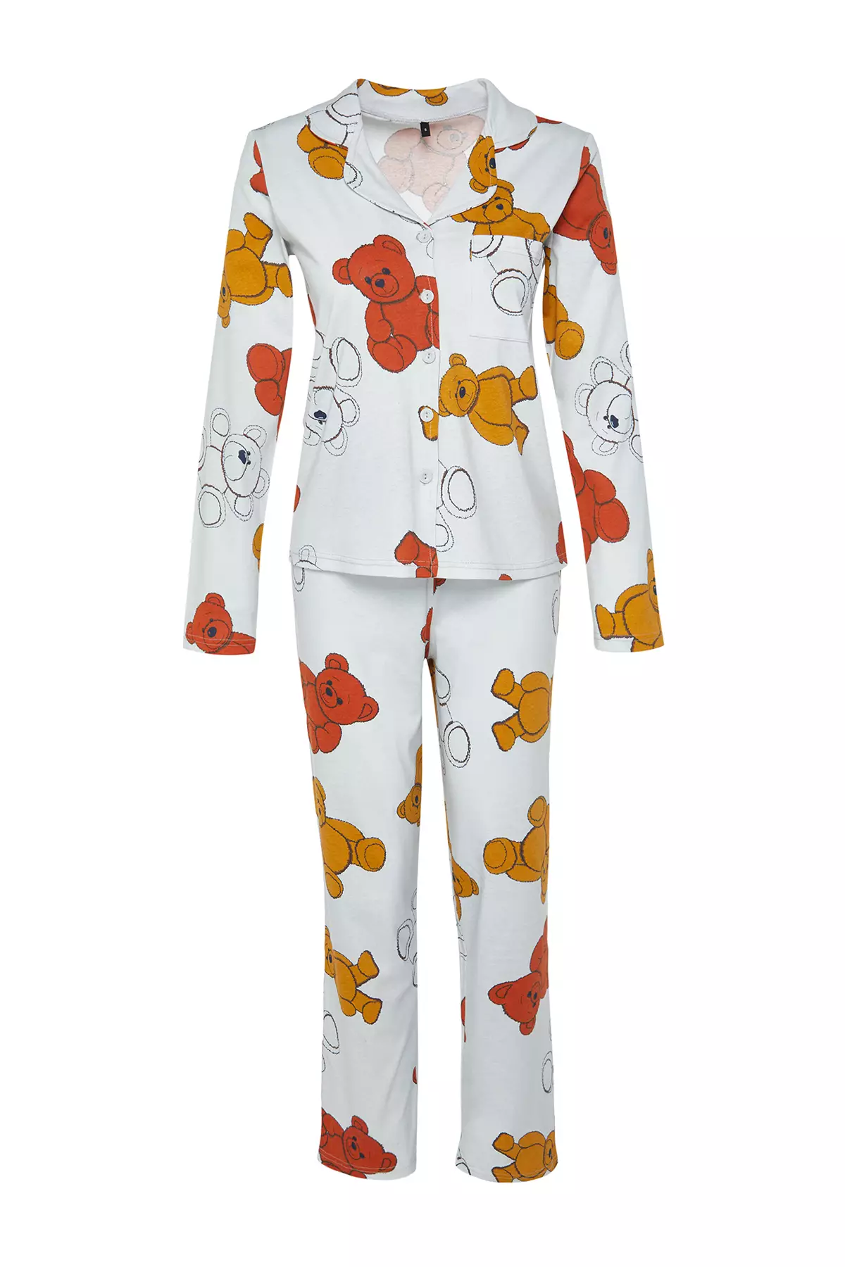 Gray Melange 100% Cotton Teddy Bear Shirt-Pants Knitted Pajama Set