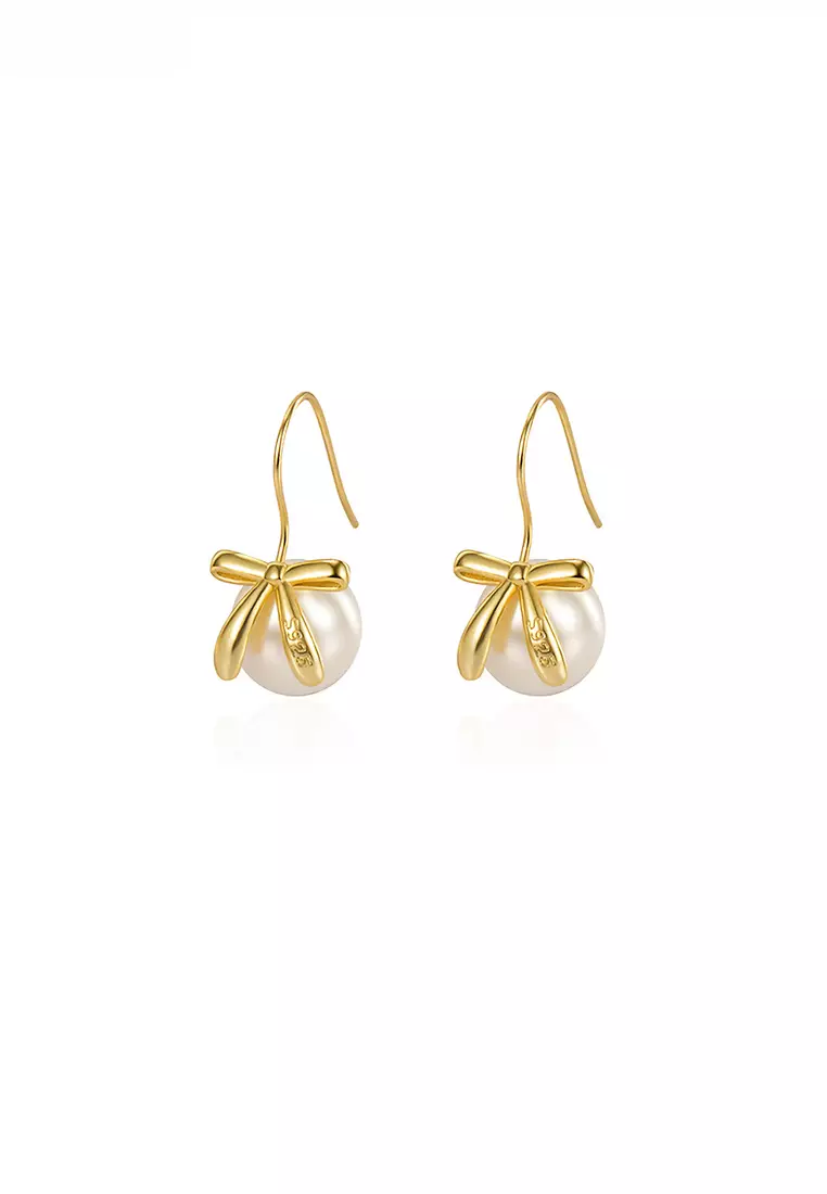 925 Silver Plated Gold Freshwater Pearl Ribbon Earrings JW HG-791