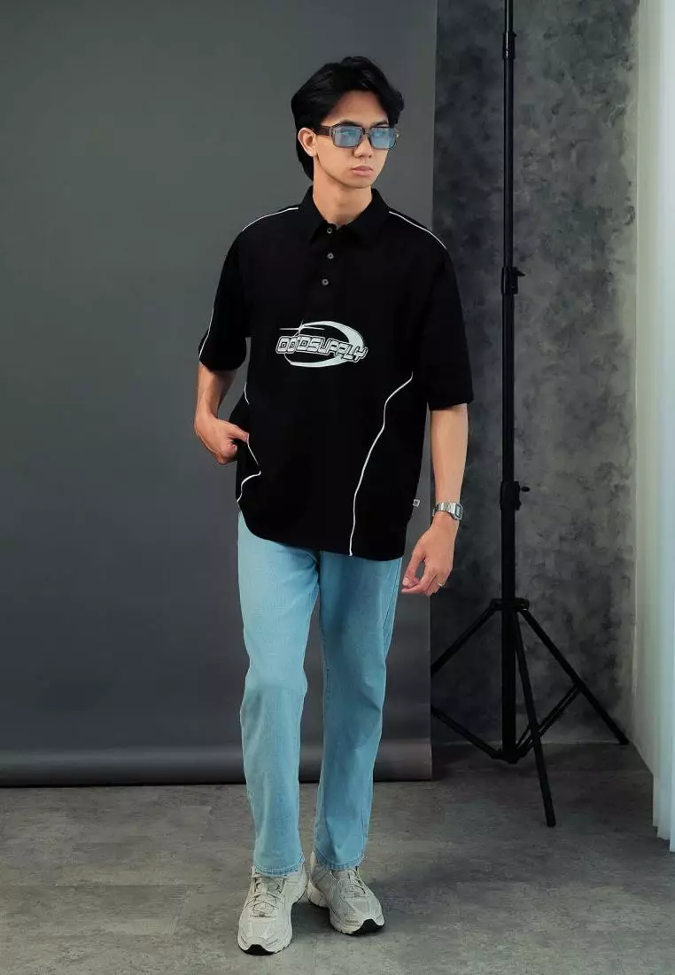 OOTDSUPPLY Oversize Polo Rugby Shirt V.4 Glisten Full Black | Kaos Polo Pria dan Wanita PSRGB-V4004