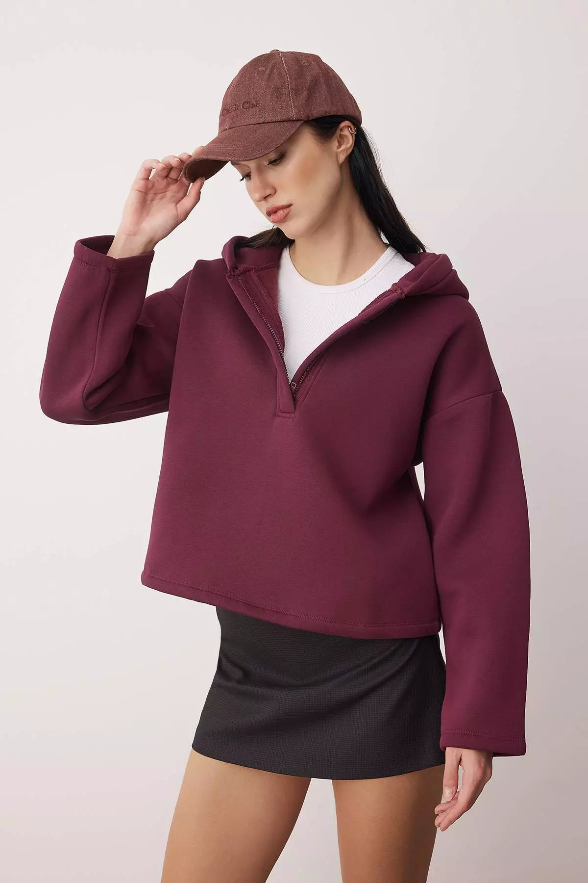 Plum Thick Fleece Inside Half Zipper O Oversized K Hooded Knitted Sweatshirt Twoaw26Sw00060