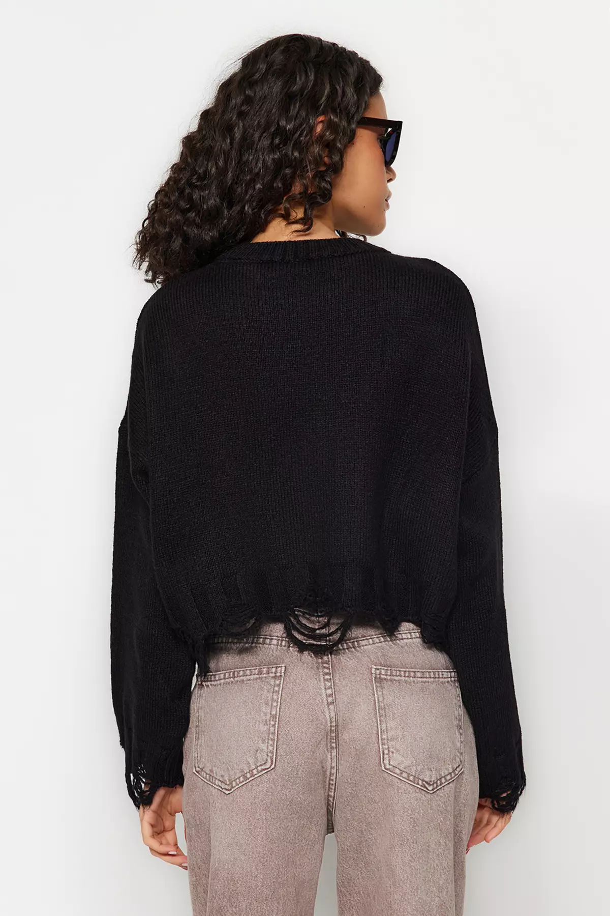 Black Crop Wide Pattern Soft Textured Flowing Detailed Knitwear Sweater Twoaw24Kz00319