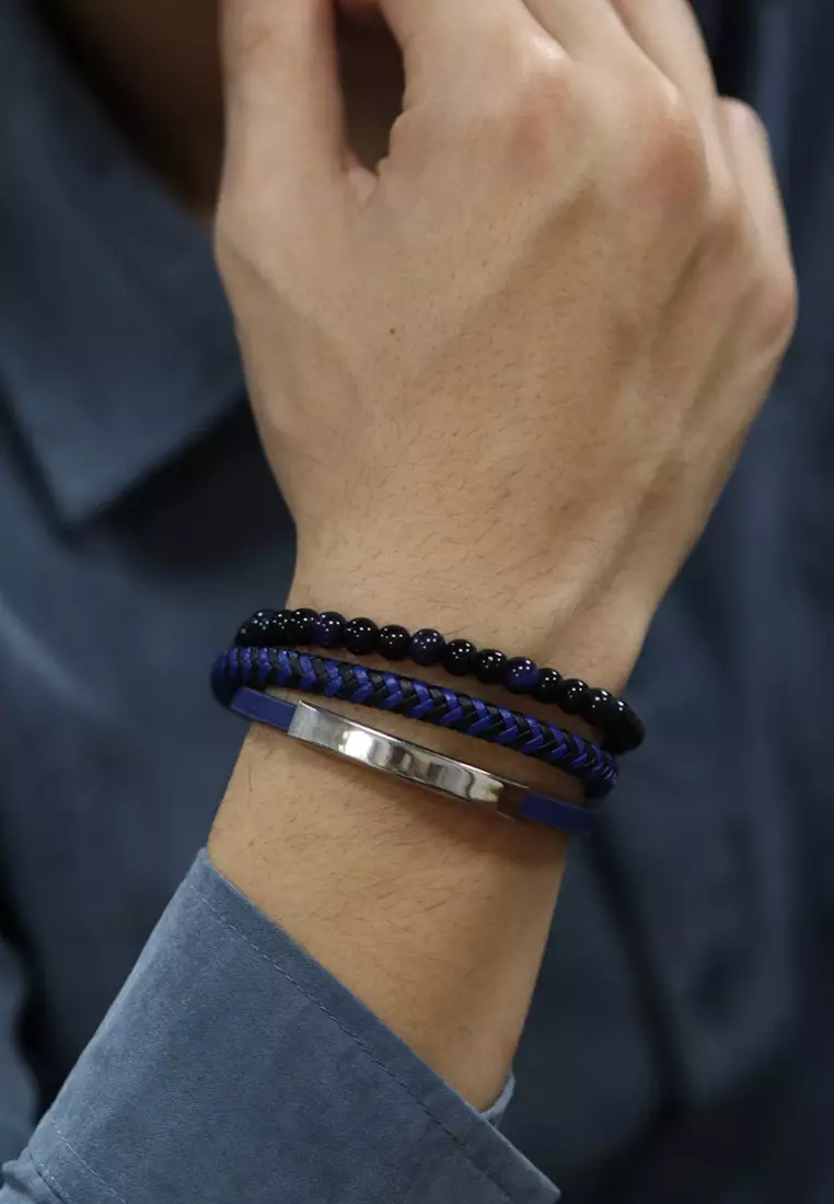 Men's Blue Leather and Bead Bracelet