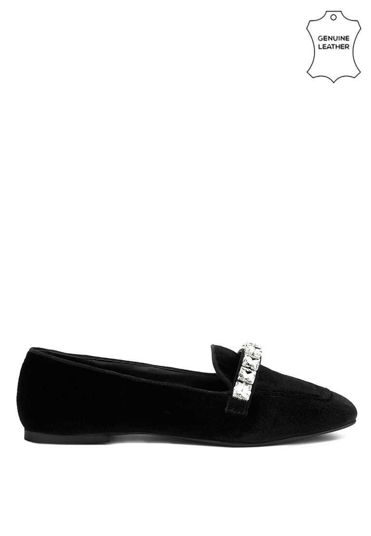 Handcrafted Velvet Diamante Loafers in Black