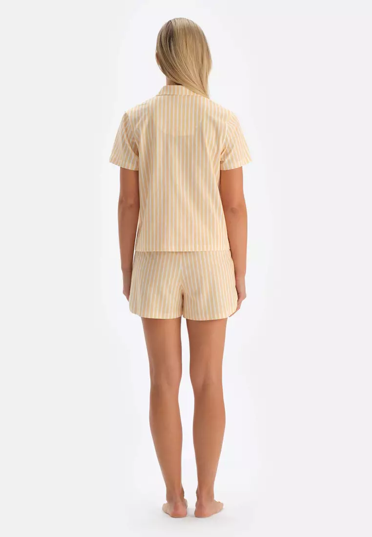 Yellow Shirt & Shorts Knitwear Set, Striped, Shirt Collar, Regular, Short Leg, Short Sleeve Sleepwear for Women
