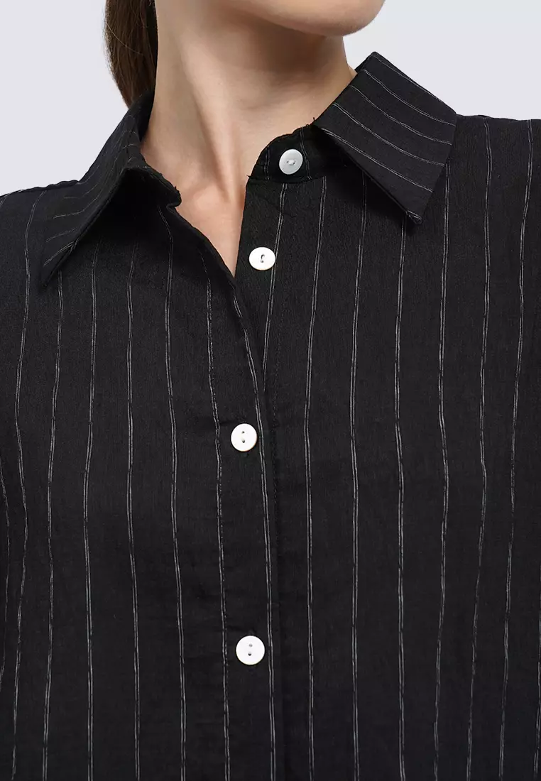 Oversized Long Sleeve Stripes Blouse BLACK