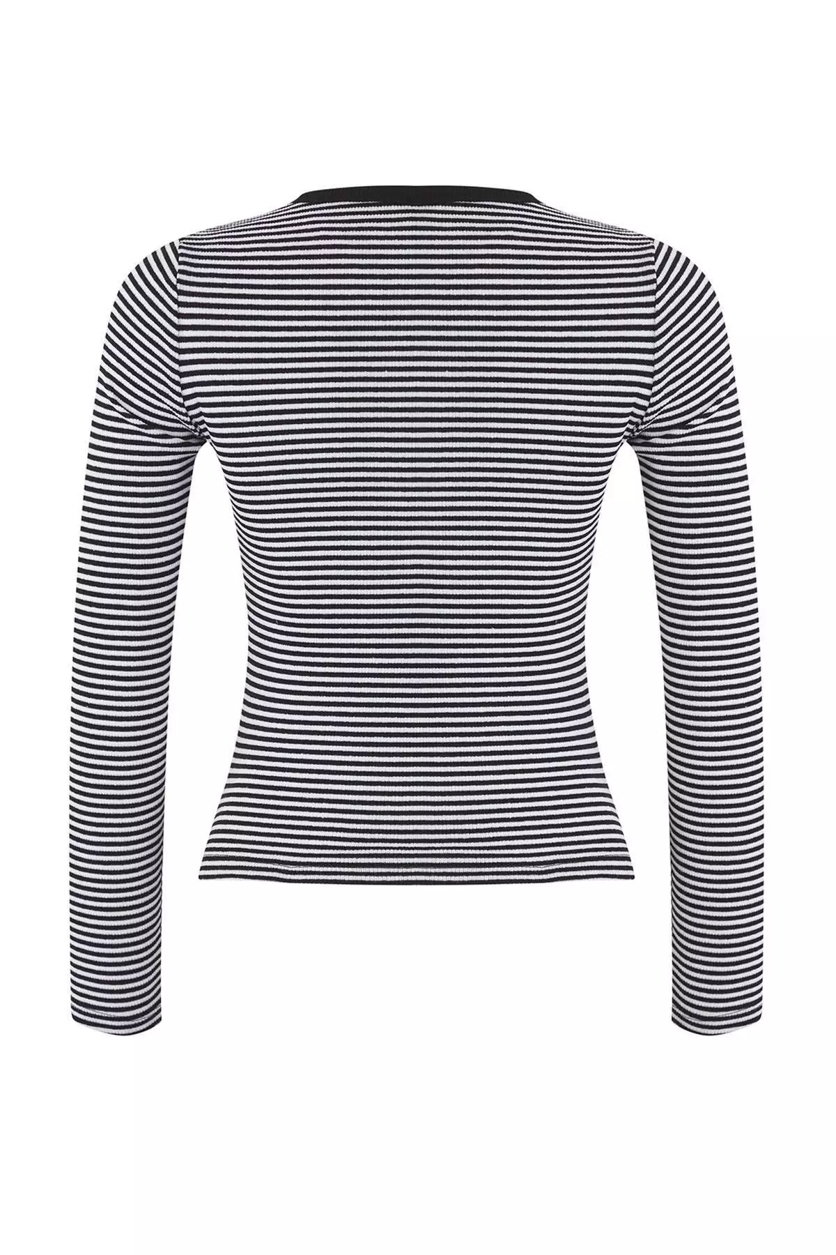 Black Crew Neck Buttoned Fitted/Fits The Body Flexible Ribbed Knitted Blouse