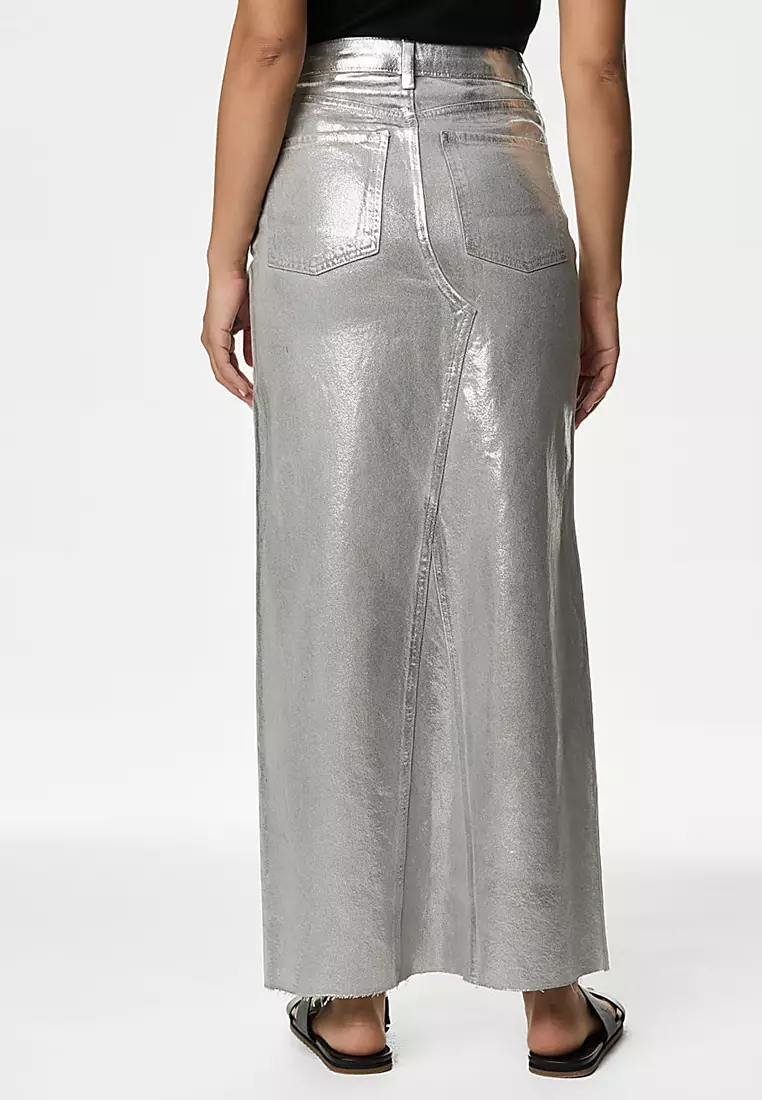Denim Foil Metallic Maxi Skirt
