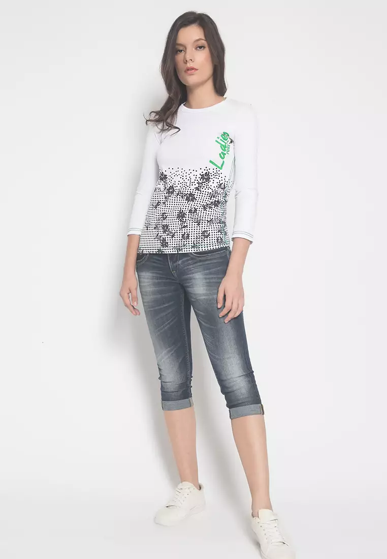 LGS - Slim Fit - Kaos Wanita - Putih - Motif Gambar Bunga - Lengan Panjang - LTS.555.T885M.019.C-L/S