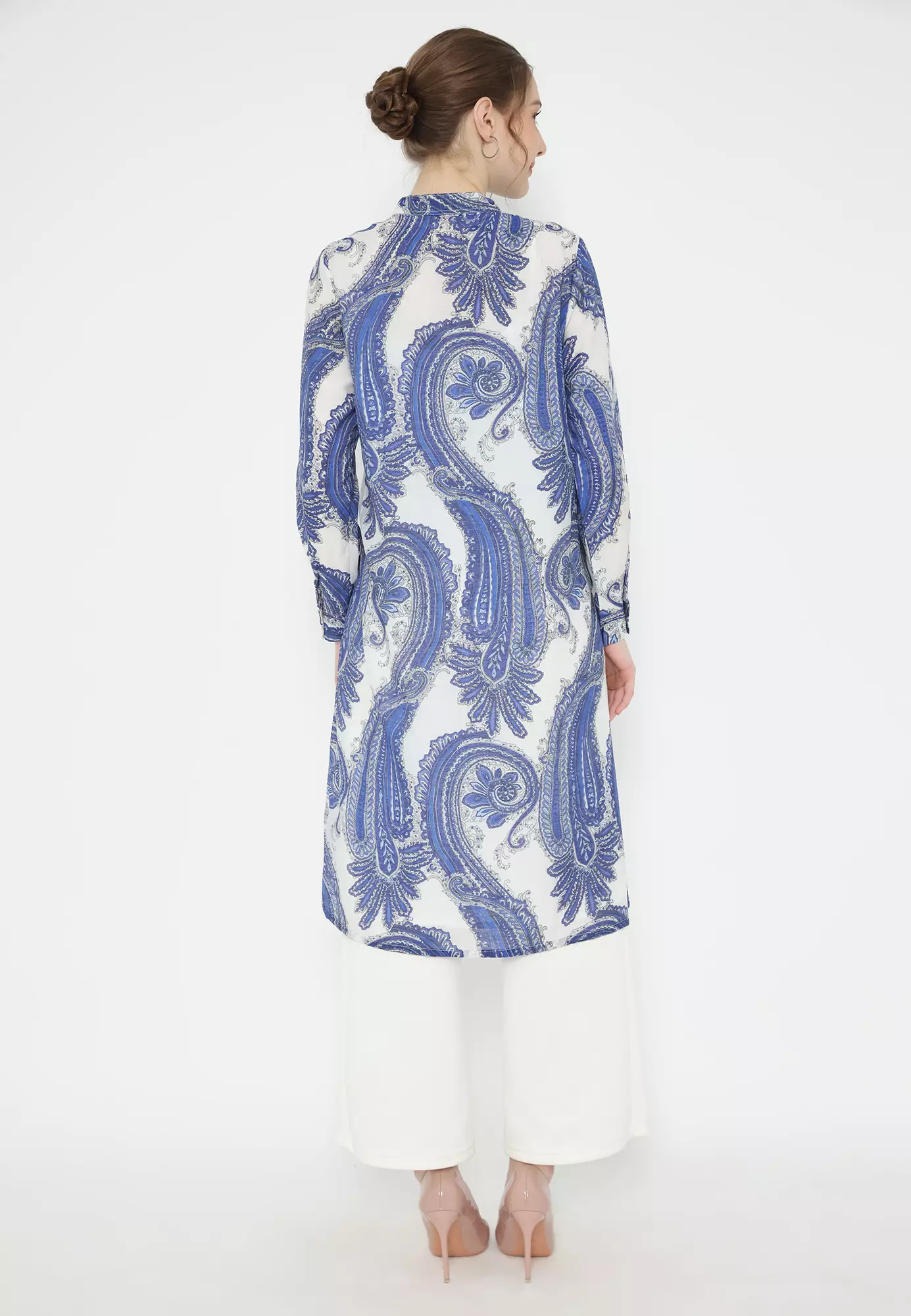 Tunic Silky Blue Paisley Etnik V Neck Long Sleeve Casual By Brilliant Girl Warna Biru Paisley
