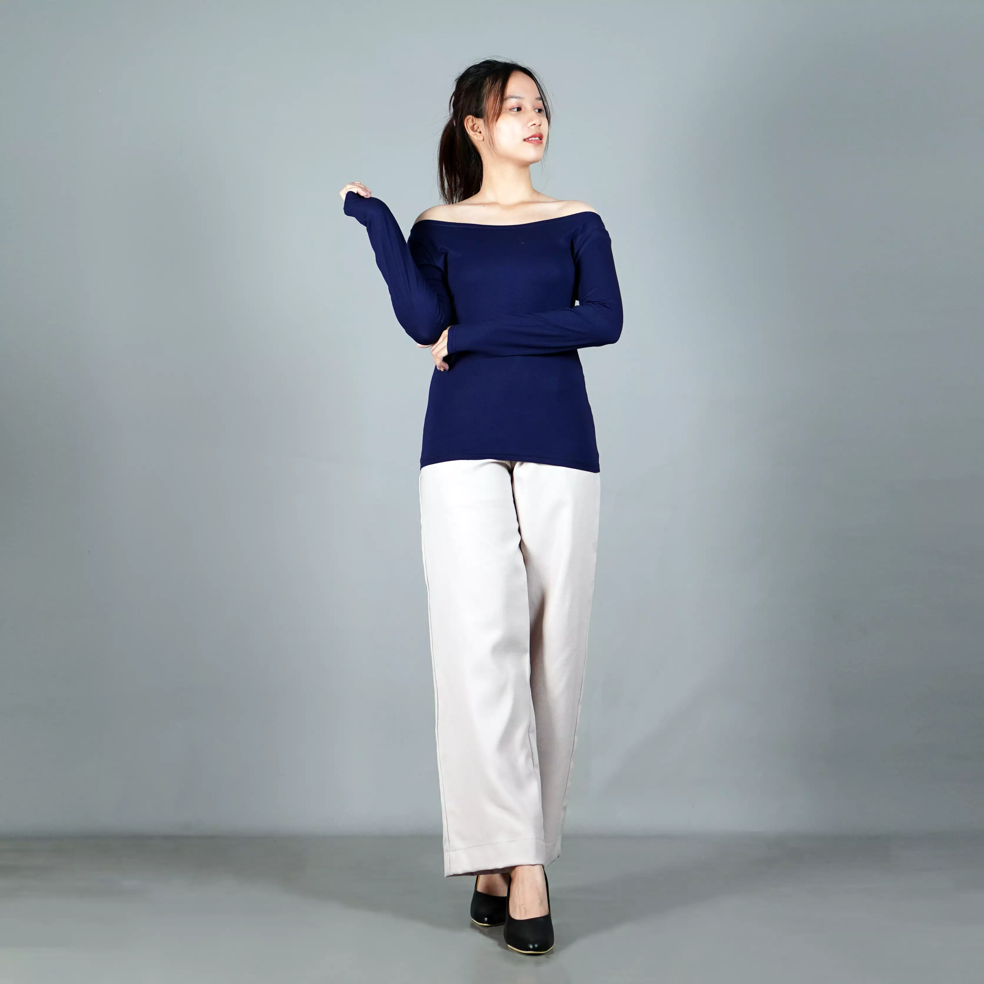 SABRINA TOP Long Sleeves Baju Sabrina Lengan Panjang - NAVY BLUE