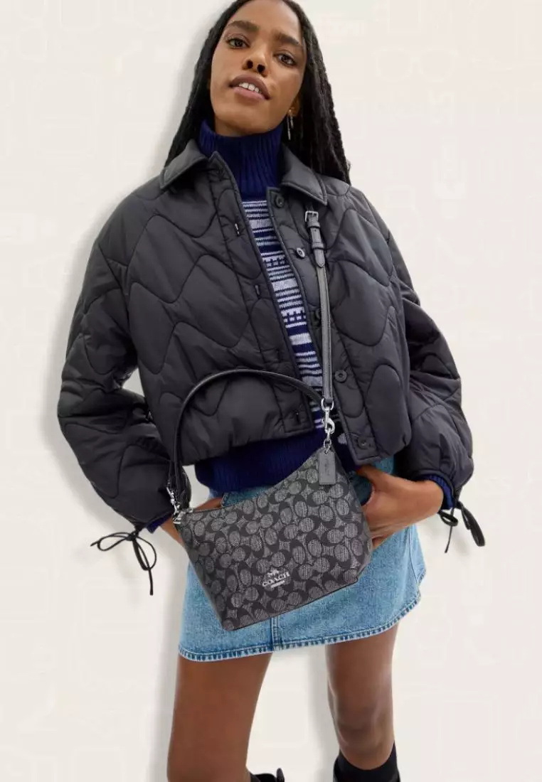 Coach Zip Top Shoulder Bag In Signature Canvas Gunmetal Multi