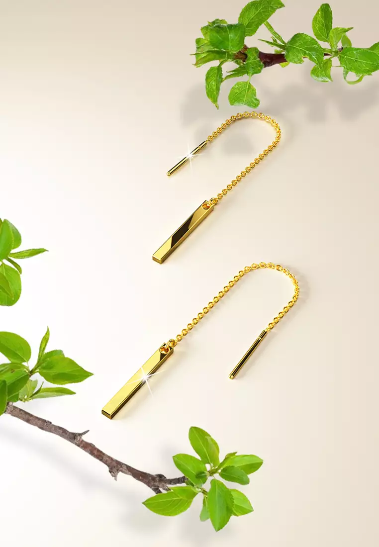 Solid 925 Sterling Silver Bar & Chain Sterling Silver Dangle Threader Earrings in Gold Vermeil