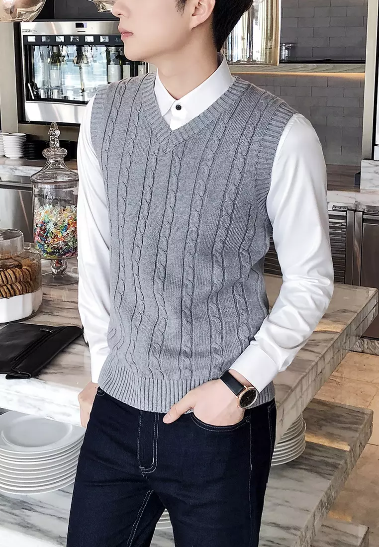 V-neck Jacquard Knitted Vest XH1823