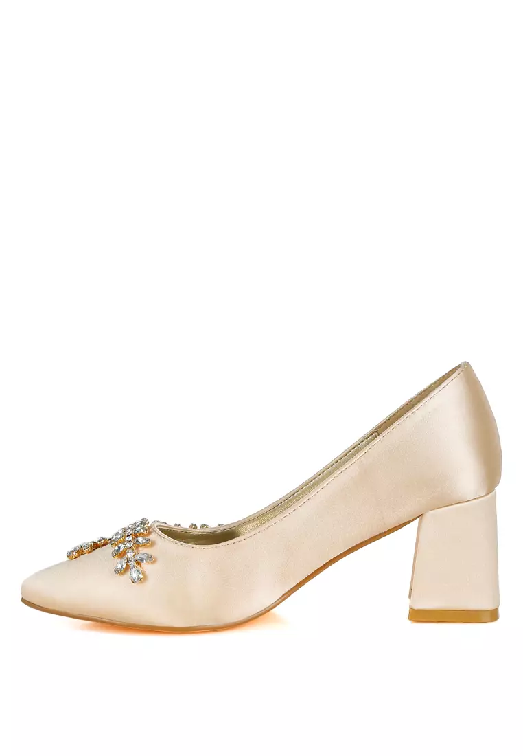 Satin Diamante Embellished Pumps in Beige