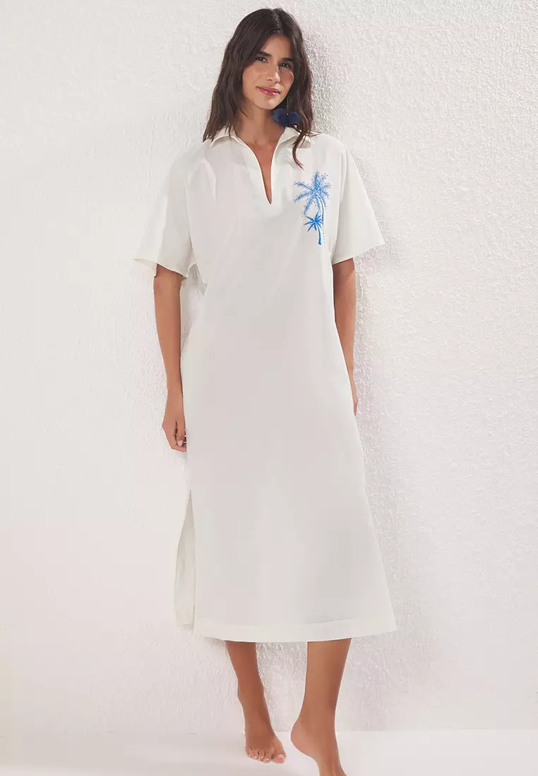 Ecru Maxi Woven 100% Cotton Embroidered Beach Dress Tbess25El00026
