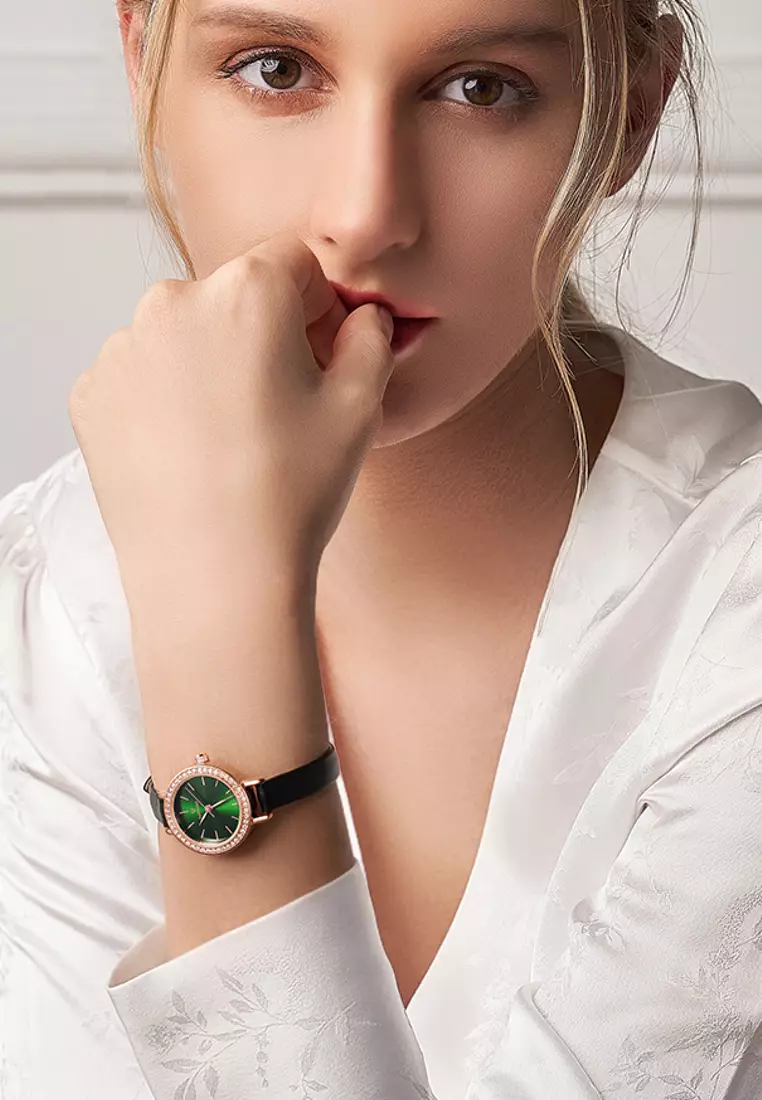 Ladies IP Rose Gold and Stainless Steel Quartz Watch, 30mm Diameter, Black Leather Strap, Malachite Dial