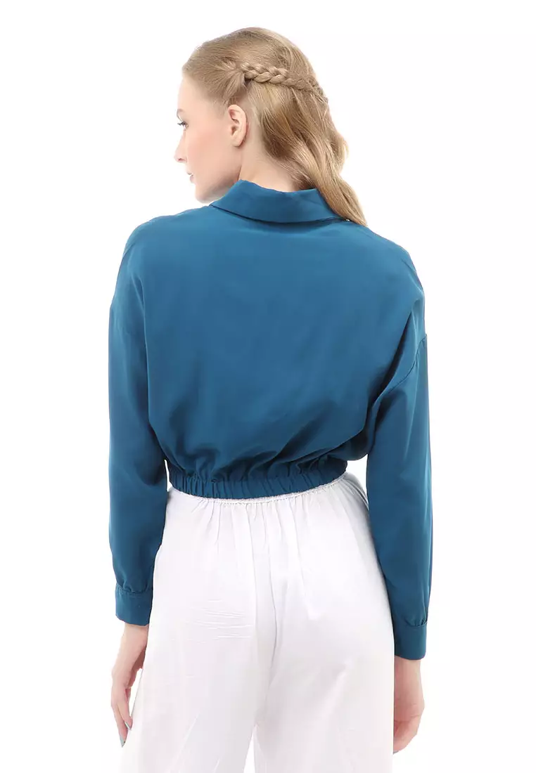 Holly Atasan Kasual Wanita Kemeja Lengan Panjang Shirt Long Sleeve Variasi Karet Pinggang Material Woven ORIGINAL - Tosca