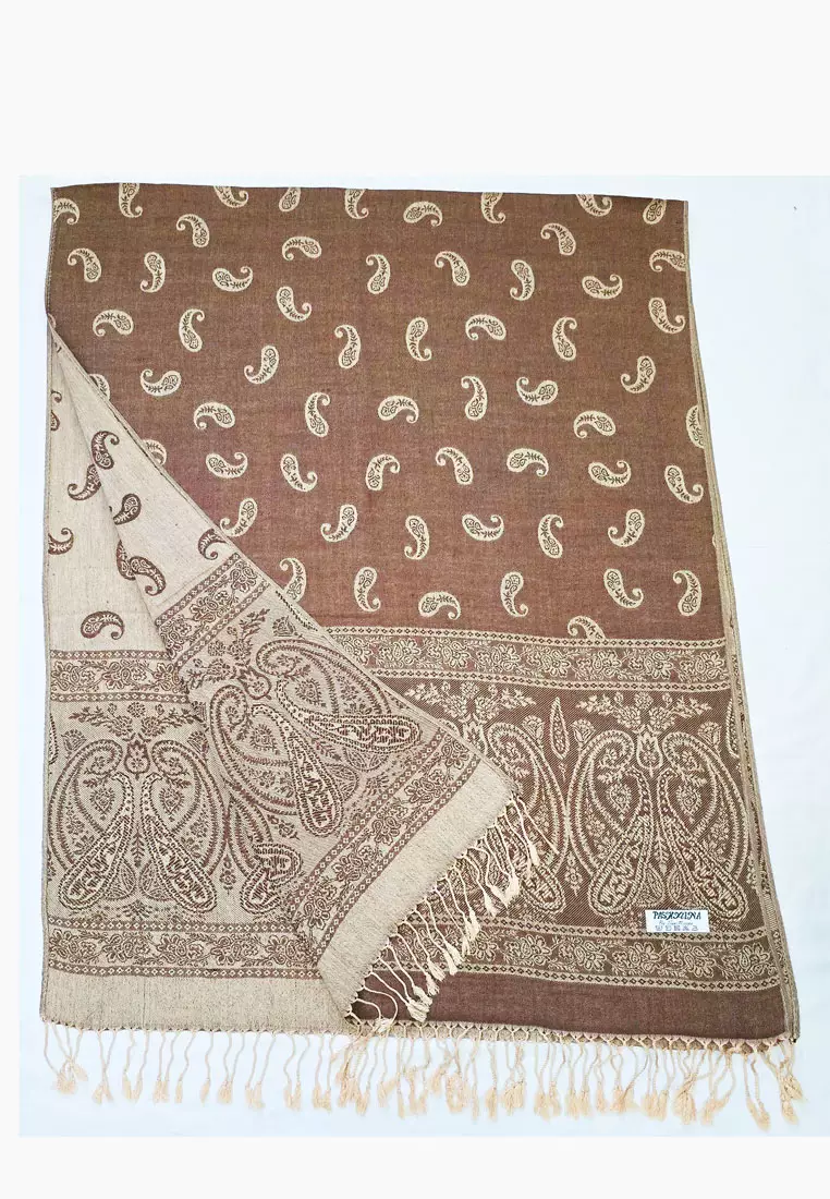 Reversible Viscose Paisley Pattern Pashmina Shawl Syal Wanita Tuscan Brown