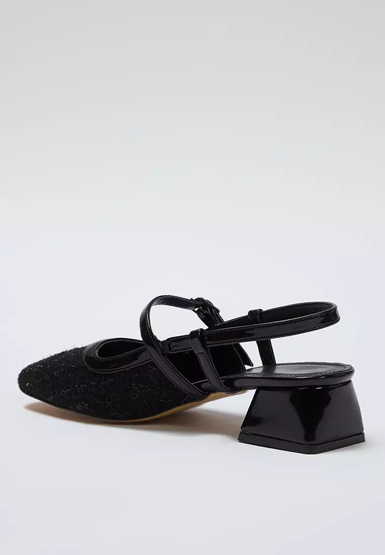 Black Tweed Square Toe Mary Jane Women Block Heels Shoes Takss25To00023