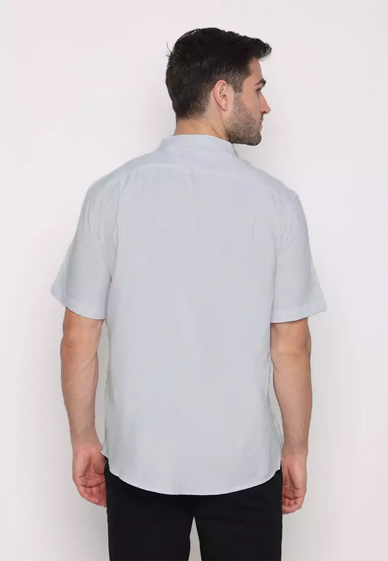 POLICE Kemeja Koko Polos Cotton Soft Grey Regular Fit Lengan Pendek Pria