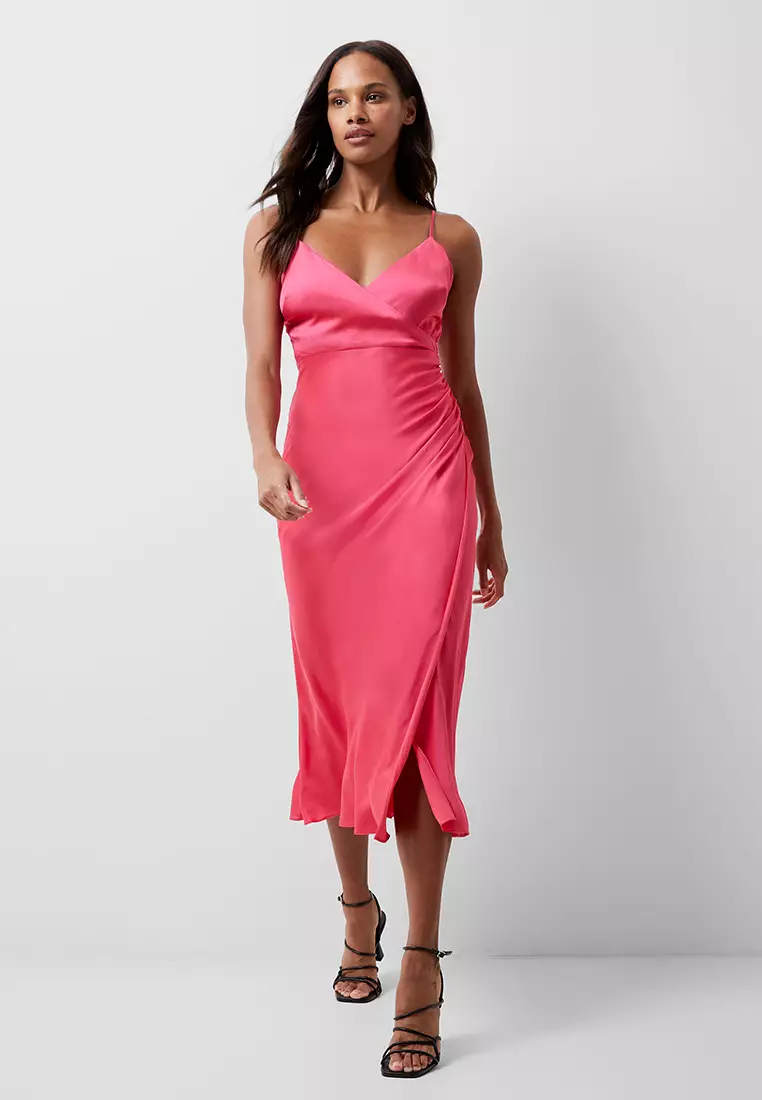 Pink Satin Slip Midi Dress | Summer Spaghetti Strap Style