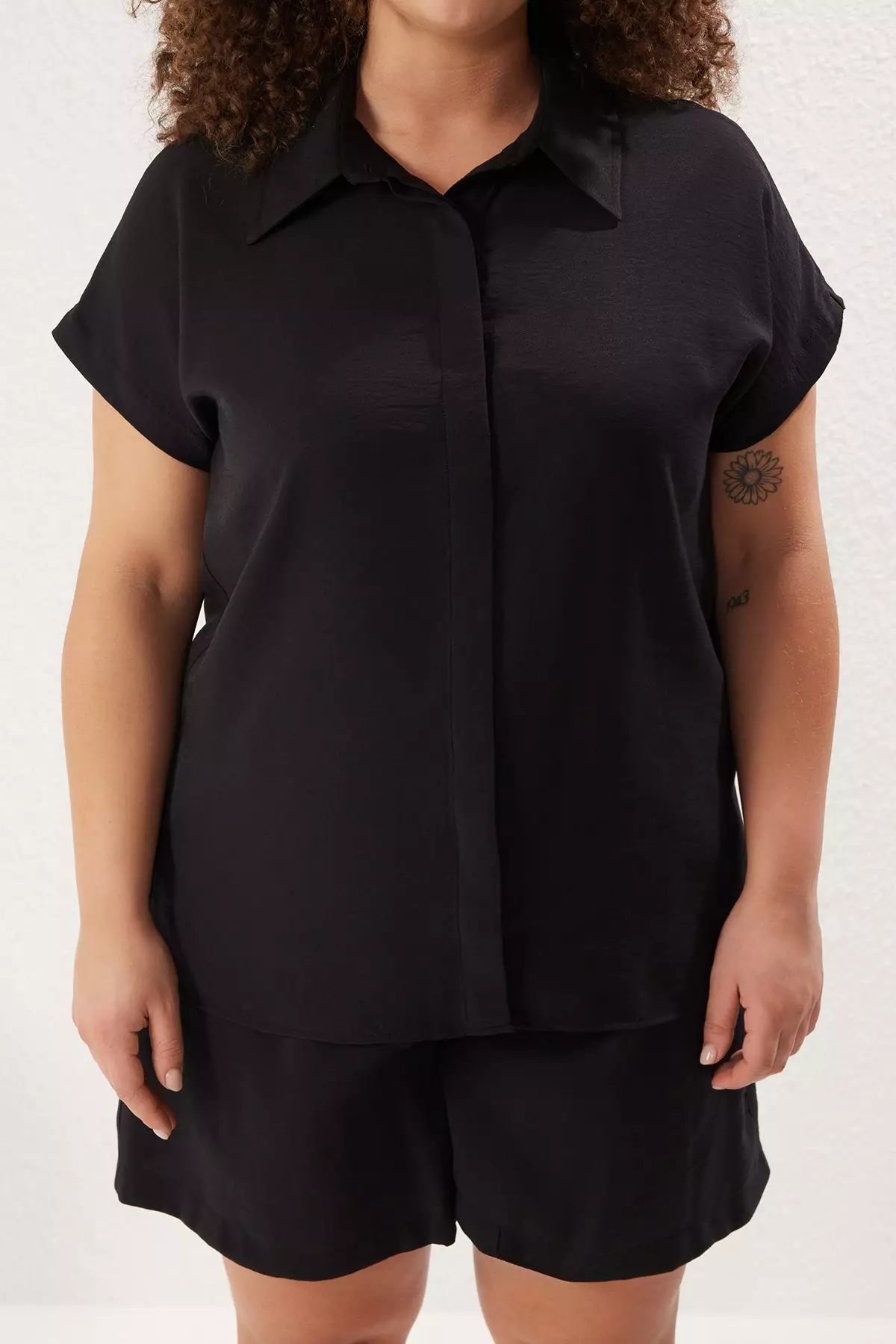 Black Woven Plus Size Shirt-Shorts Upper-Lower Team TBBSS25CP00007