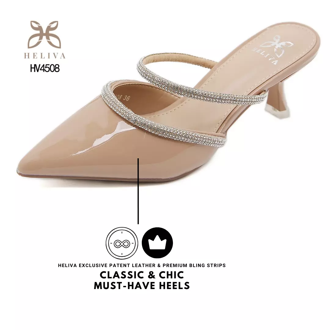 HELIVA VALORIA Twin Rhinestone Strap Mules with Lustrous Finish & 6cm Lift HV4508