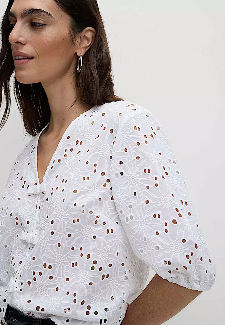 Pure Cotton Floral Cutwork Detail Bow Blouse