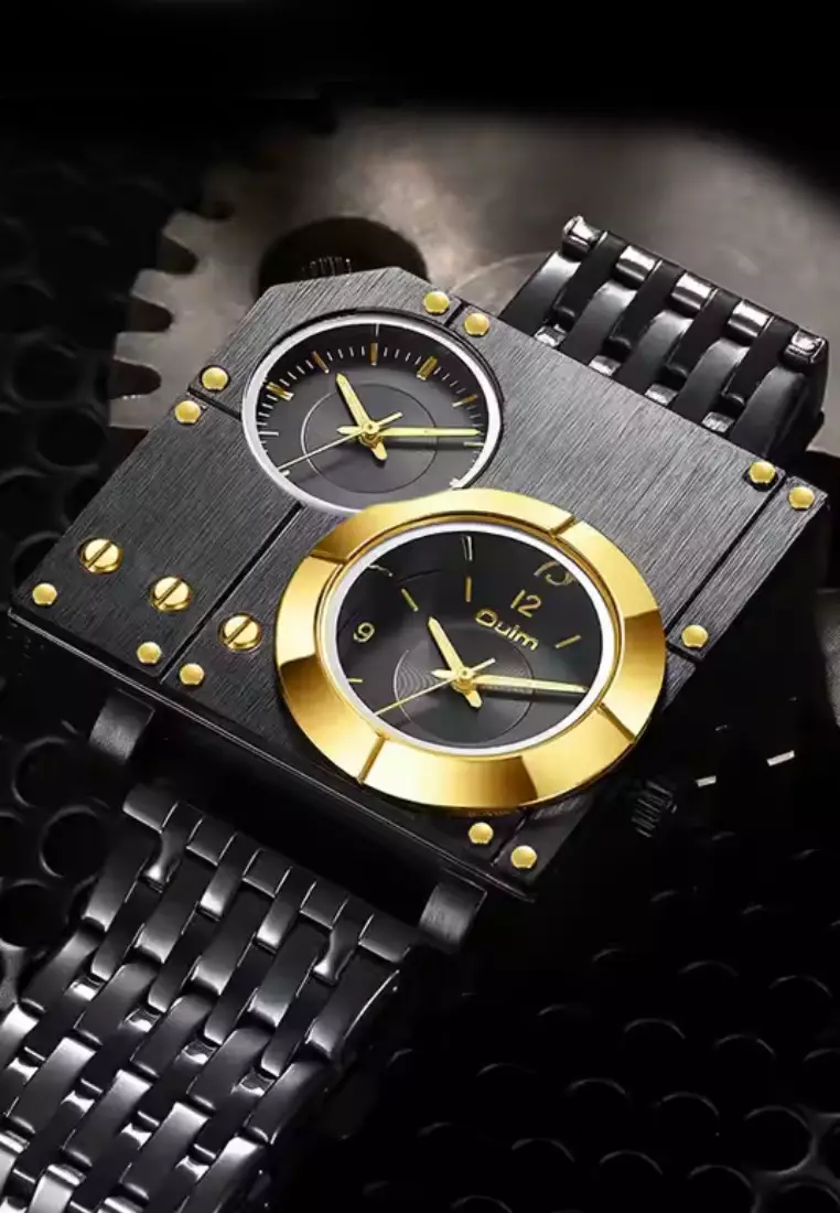 大號男士石英錶 - 45x42 毫米 - IP 黑色不鏽鋼錶殼、黑色錶盤、金屬錶帶